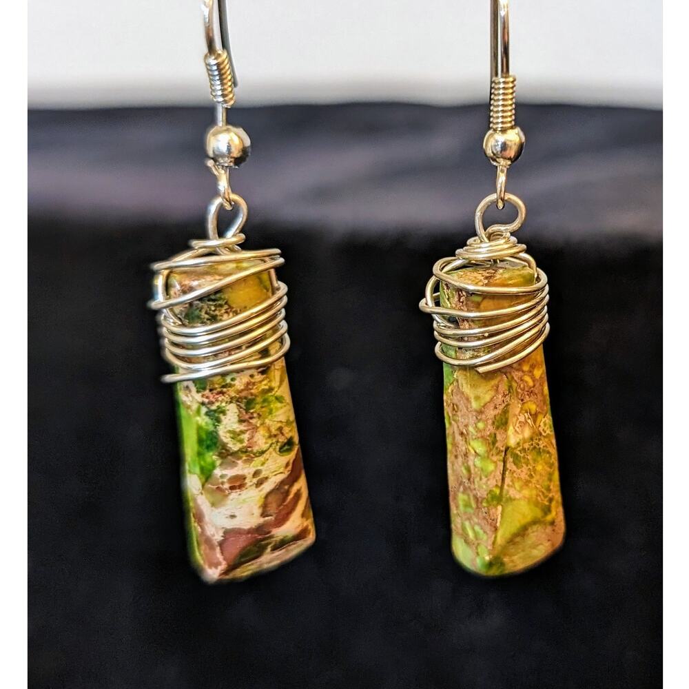 Hand Crafted Green/Brown Wire Wrapped Jasper Stone French Wire Earrings